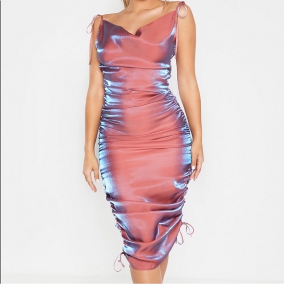 PrettyLittleThing Dresses & Skirts - NWT Pretty Little Thing Pink Metallic Cowl Neck Maxi Dress Sz 6